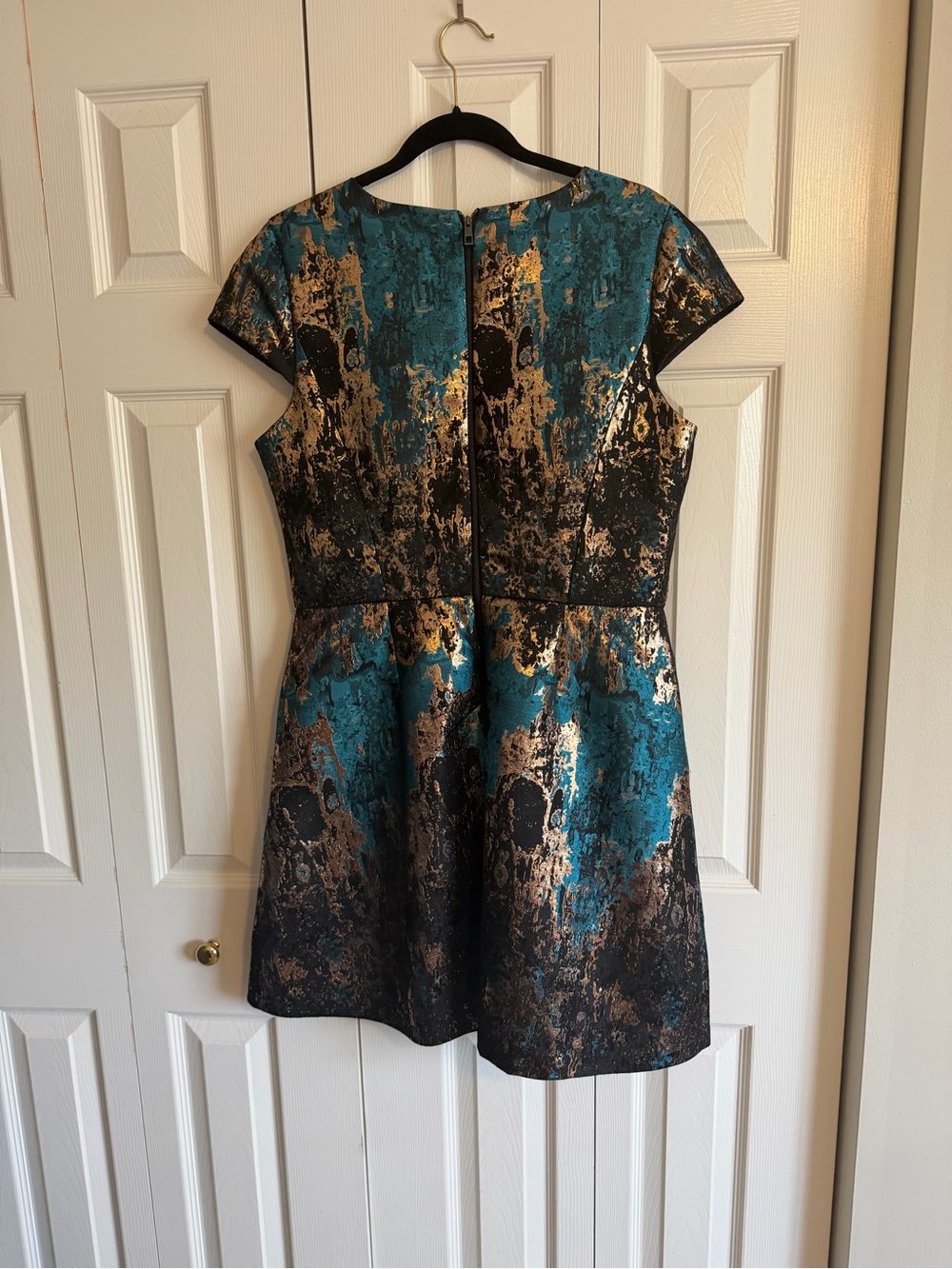 Teal and Bronze Metallic Fit & Flare Cocktail Dress - Picture 3 of 4